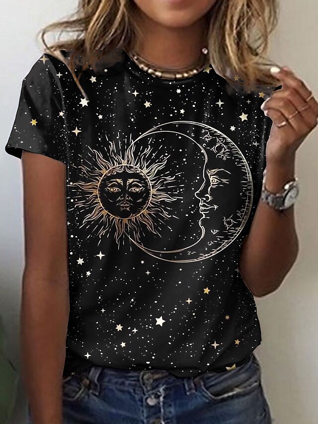  Women's T shirt Tee Black Print Galaxy Casual Weekend Short Sleeve Round Neck Basic Regular Painting S / 3D Print