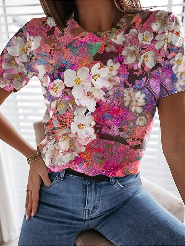  Women's Floral Casual Holiday Weekend Floral Painting Short Sleeve T shirt Tee Round Neck Print Basic Essential Tops Red S / 3D Print