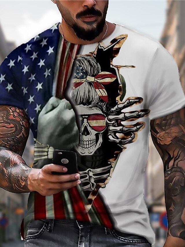 Mens Clothing Mens Tees & Tank Tops | Mens Unisex T shirt Tee 3D Print Graphic Prints Skull National Flag Crew Neck Street Daily