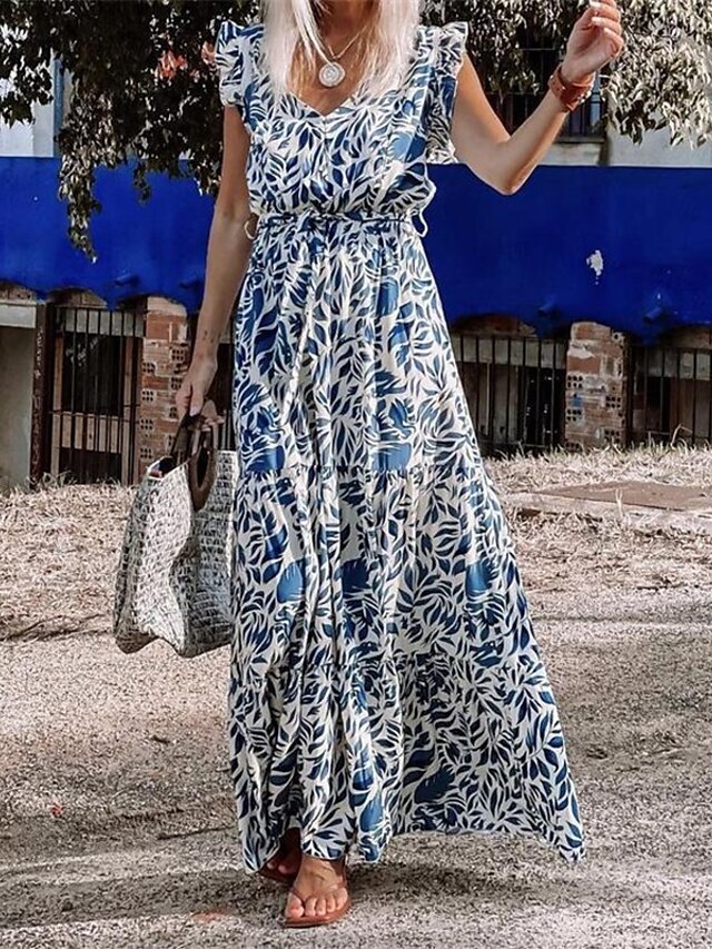 Womens Clothing Womens Dresses | Womens A Line Dress Maxi long Dress Blue Sleeveless Floral Print Spring Summer V Neck Casual Va