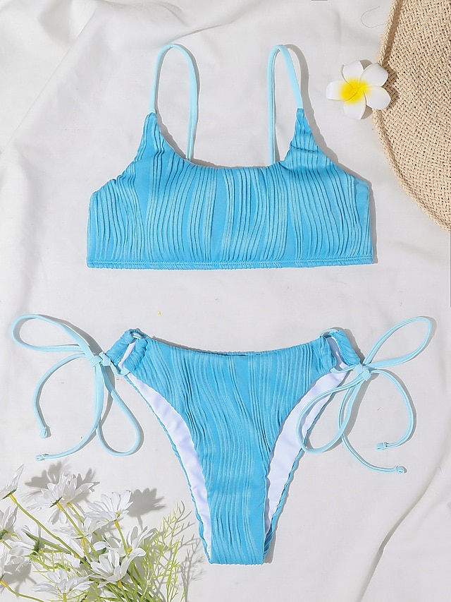 Womens Clothing Womens Swimwear | Womens Swimwear Bikini 2 Piece Normal Swimsuit 2 Piece Drawstring Solid Color Blue Padded Stra