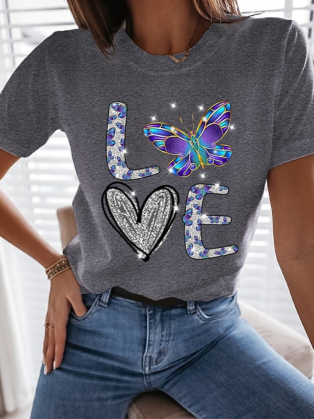 Womens Clothing Womens Tops | Womens Casual Valentine Weekend Butterfly Painting T shirt Tee Butterfly Heart Text Short Sleeve P