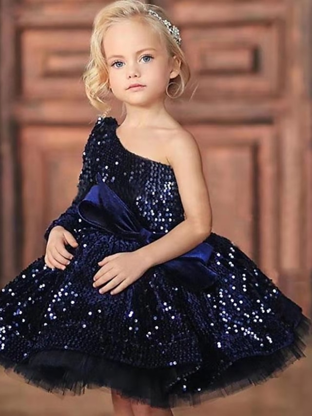  Kids Girls' Dress One Shoulder Sequins A Line Dress Party Birthday Ruched Mesh Navy Blue Above Knee Short Sleeve Princess Cute Dresses Fall Summer Regular Fit 3-12 Years