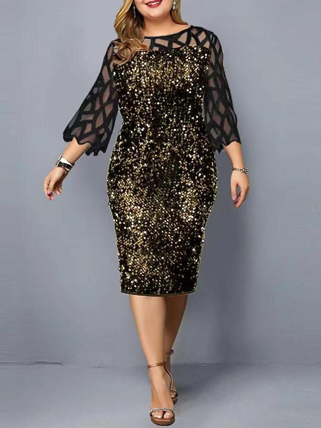 Womens Clothing Plus Size Collection | Womens Plus Size Sheath Dress Solid Color Round Neck Sequins 3/4 Length Sleeve Fall Winte