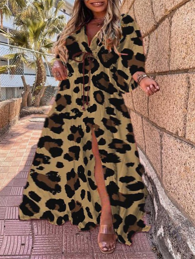  Women's Plus Size Curve Casual Dress Swing Dress Leopard Maxi long Dress Long Sleeve High Split Shirt Collar Fashion Holiday Light Pink Pink Summer Spring L XL XXL 3XL
