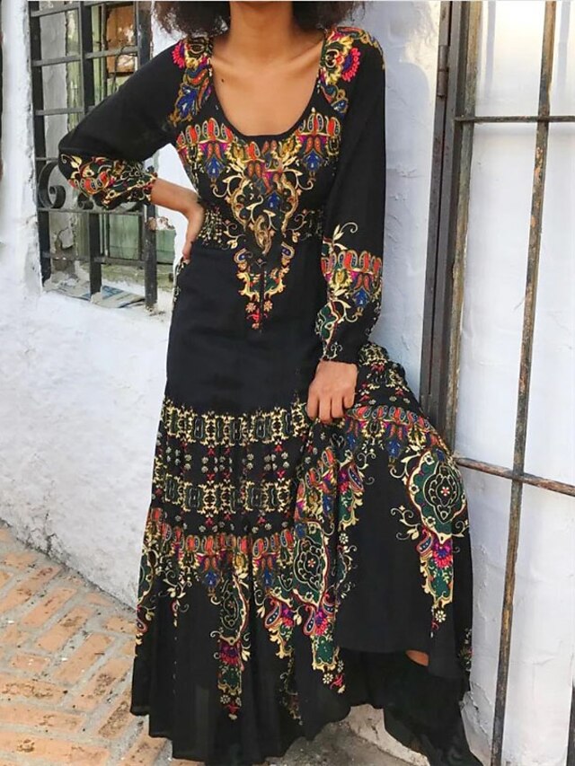 Womens Clothing Womens Dresses | Womens A Line Dress Maxi long Dress Blue Black Wine Long Sleeve Floral Print Spring Summer Roun