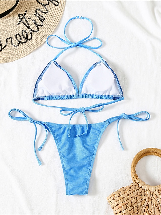 Womens Clothing Womens Swimwear | Womens Swimwear Bikini 2 Piece Normal Swimsuit Open Back Color Block Blue Halter V Wire Bathin