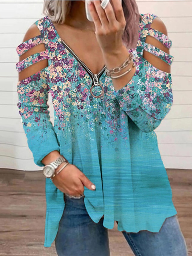 Womens Clothing Plus Size Collection | Womens Plus Size Tops Blouse Shirt Floral Cut Out Zipper Long Sleeve V Neck Streetwear Da