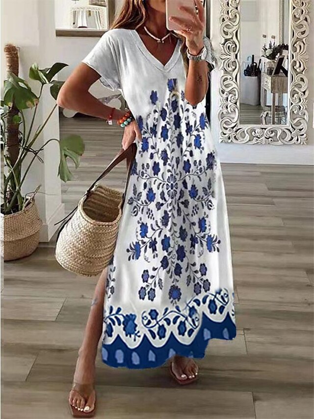 Womens Clothing Womens Dresses | Womens A Line Dress Maxi long Dress Light Blue Blue White Black Gray Orange Short Sleeve Floral