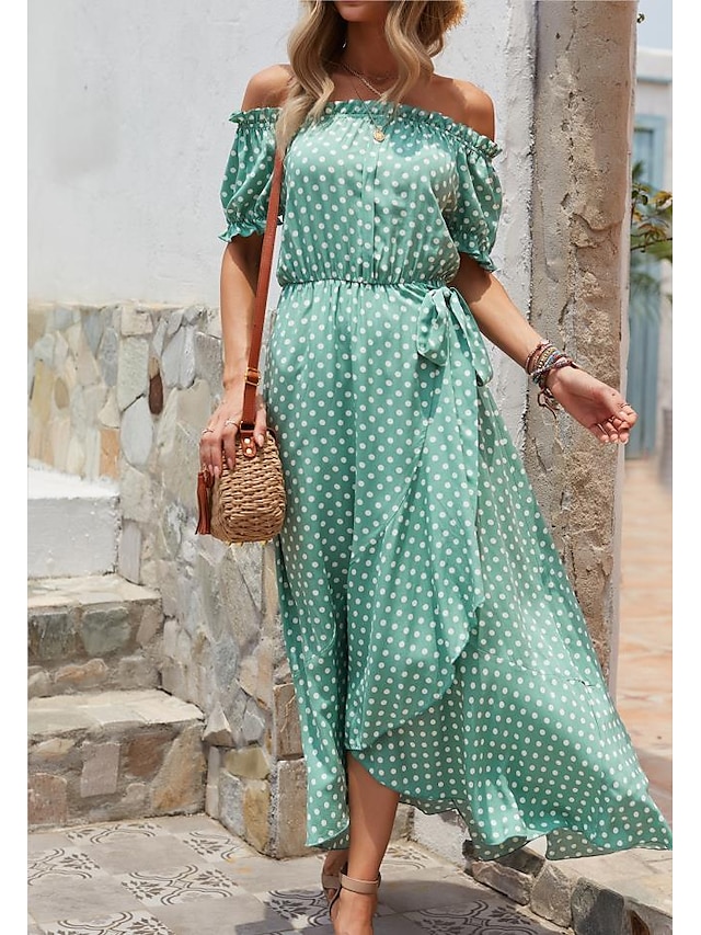 Women's Sundress Maxi long Dress Green Short Sleeve Polka Dot Print ...