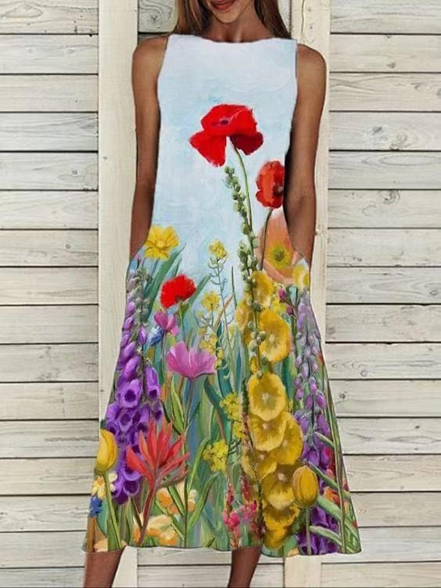 Womens Clothing Womens Dresses | Womens A Line Dress Midi Dress Light Blue Ash White powder White blue yellow-green Yellow and w