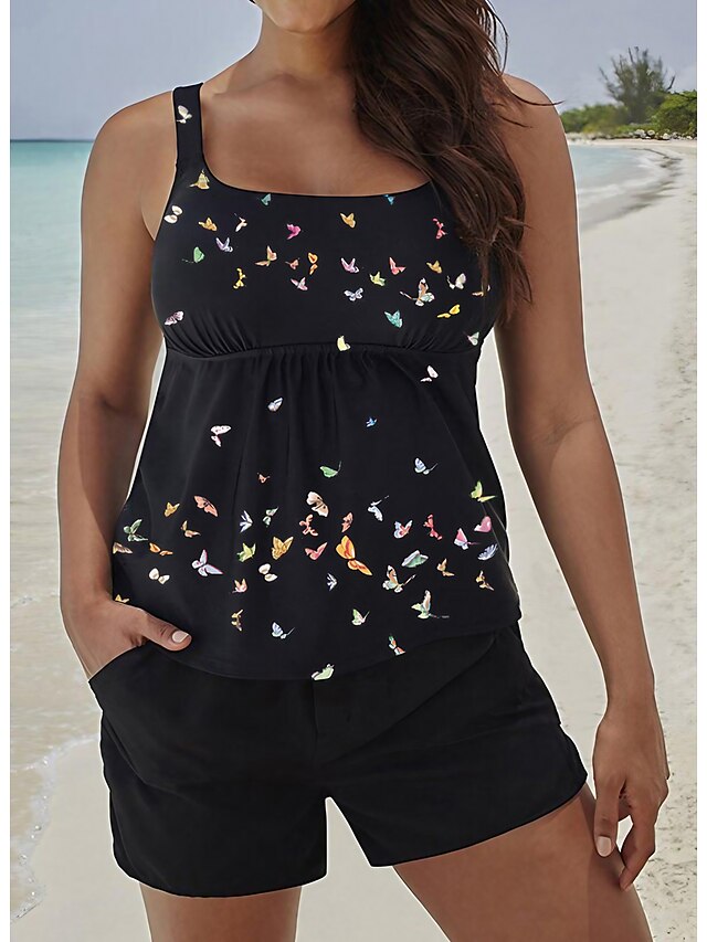 Womens Clothing Womens Swimwear | Womens Swimwear Tankini 2 Piece Normal Swimsuit High Waisted Butterfly Black Padded Strap Bath