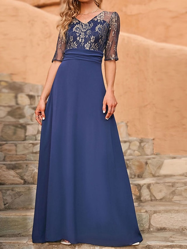 Womens Clothing Womens Dresses | Womens A Line Dress Maxi long Dress Navy Blue Half Sleeve Pure Color Chiffon Spring Summer V Ne