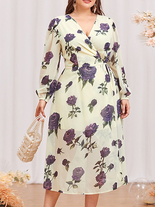 Womens Clothing Plus Size Collection | Womens Plus Size A Line Dress Floral V Neck Ruched Long Sleeve Spring Summer Casual Midi 