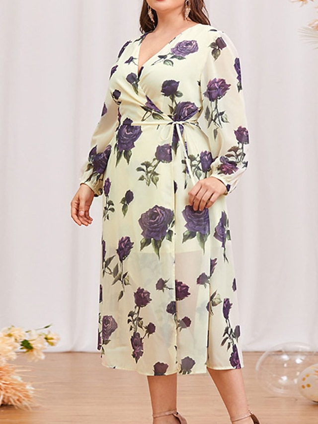 Womens Clothing Plus Size Collection | Womens Plus Size A Line Dress Floral V Neck Ruched Long Sleeve Spring Summer Casual Midi 