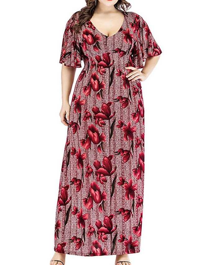 Womens Clothing Plus Size Collection | Womens Plus Size A Line Dress Floral V Neck Ruched Short Sleeve Spring Summer Work Casual