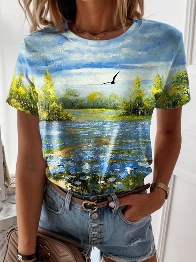  Women's T shirt Tee Blue Print Scenery 3D Casual Holiday Short Sleeve Round Neck Basic Regular 3D Printed Painting S