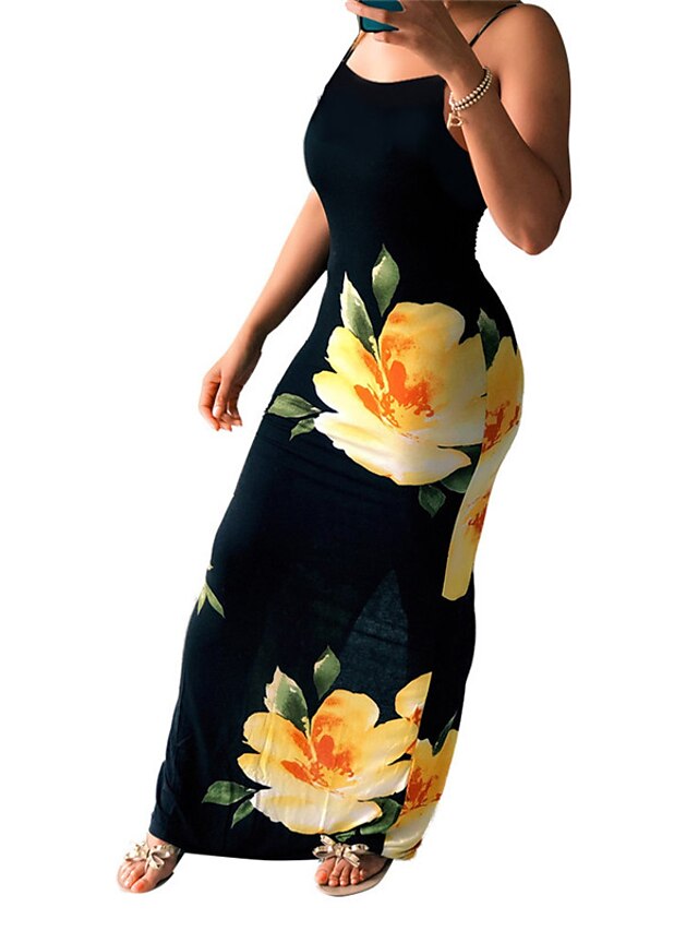 Womens Clothing Plus Size Collection | Womens Plus Size Sheath Dress Floral Round Neck Print Sleeveless Spring Summer Sexy Maxi 