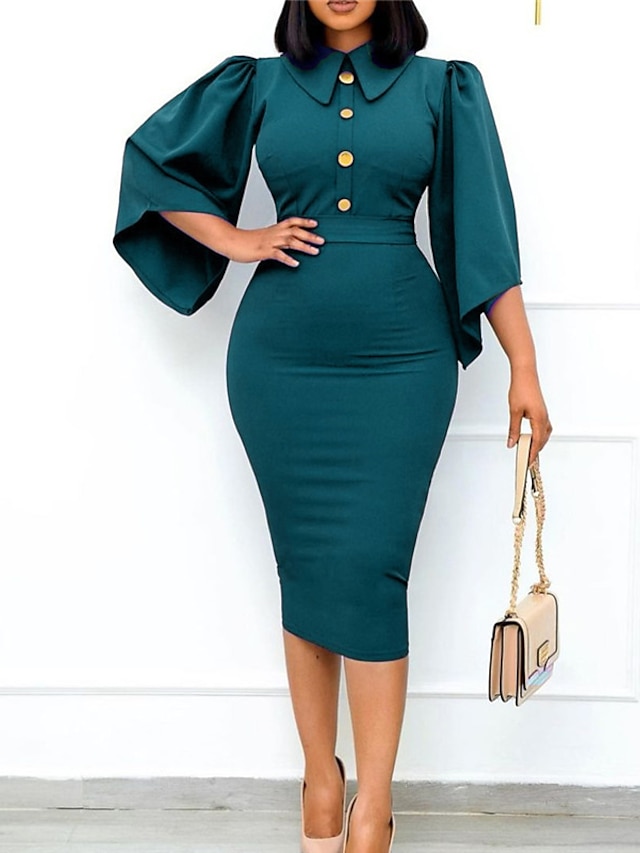 Womens Clothing Womens Dresses | Womens Sheath Dress Midi Dress Green Pink Royal Blue 3/4 Length Sleeve Pure Color Button Spring