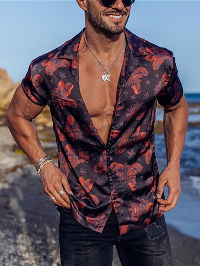  Men's Summer Hawaiian Shirt Shirt Graphic Patterned Aloha Turndown Street Casual Button-Down Print Short Sleeve Tops Designer Casual Fashion Breathable Black / Red Black / White Gray