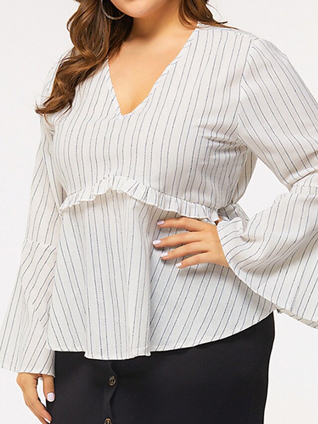 Womens Clothing Plus Size Collection | Womens Plus Size Tops Shirt Striped Ruffle Print Long Sleeve V Neck Streetwear Daily Goin