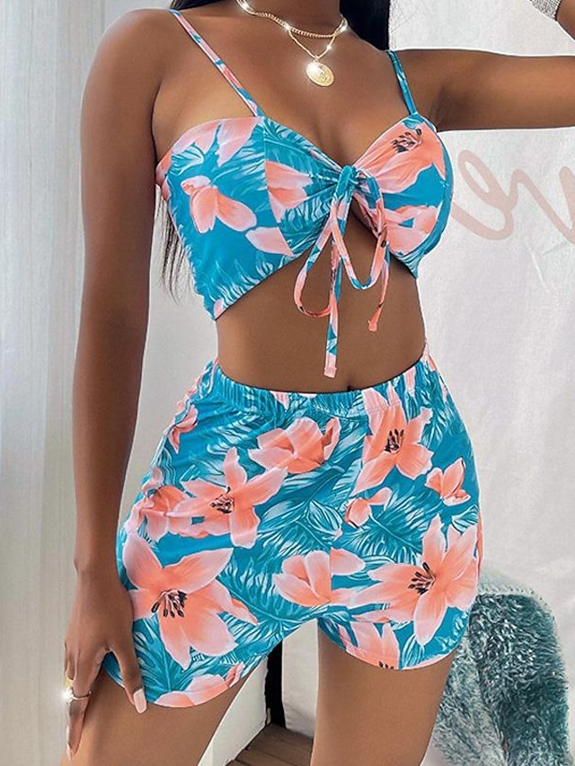 Womens Clothing Womens Swimwear | Womens Swimwear Bikini Three Piece Normal Swimsuit UV Protection Lace up Printing Hole Floral 