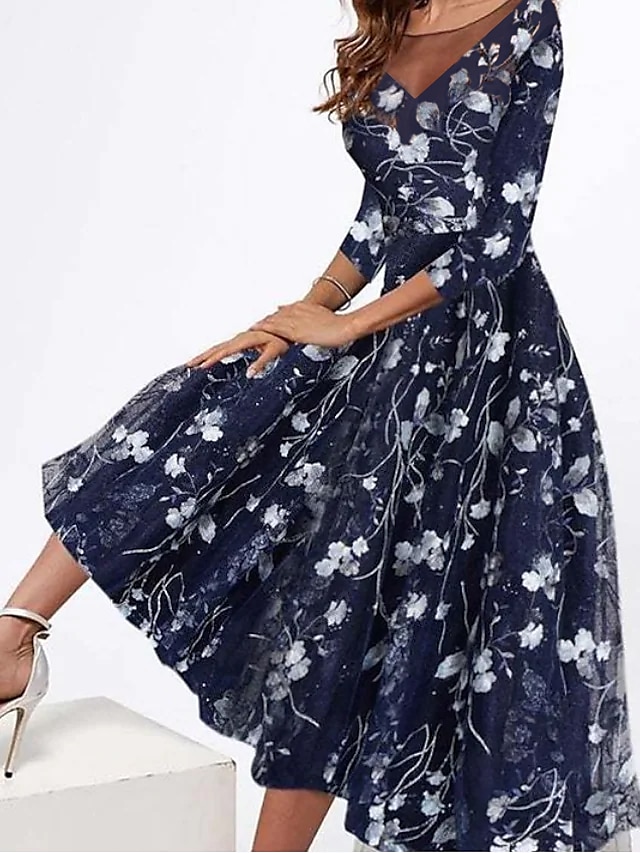  Női A vonalú ruha Virágos ruha Midi ruha Fekete Poros kék Háromnegyedes Virágos Fodrozott Nyomtatott Ősz Tél Terített nyak Elegáns Alkalmi 2022 S M L XL XXL 3 XL