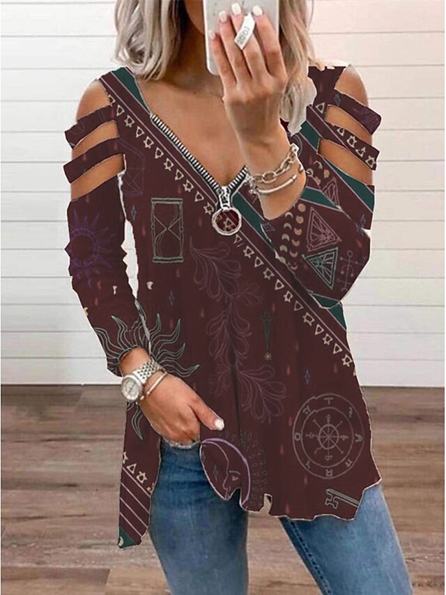Womens Clothing Womens Tops | Womens Graphic Patterned Daily Weekend Blouse Shirt Long Sleeve Cut Out Quarter Zip Print V Neck C