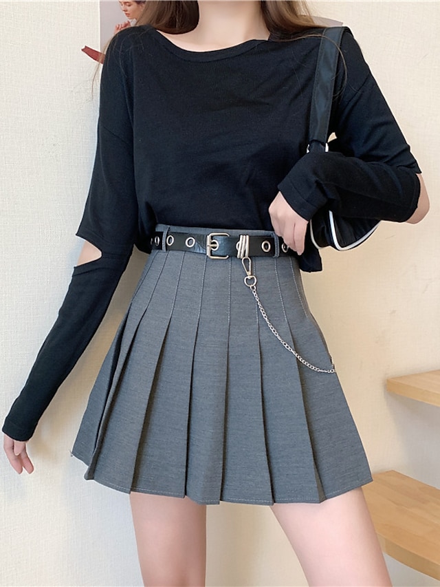 Womens Clothing Womens Bottoms | Womens Preppy Short Skirts Homecoming Casual / Daily Solid Colored Pleated White Black Gray S M