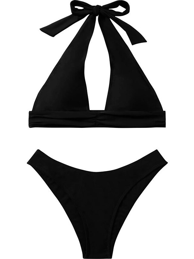 Womens Clothing Womens Swimwear | Womens Swimwear Bikini 2 Piece Normal Swimsuit 2 Piece Ruched Open Back Pure Color Green Black