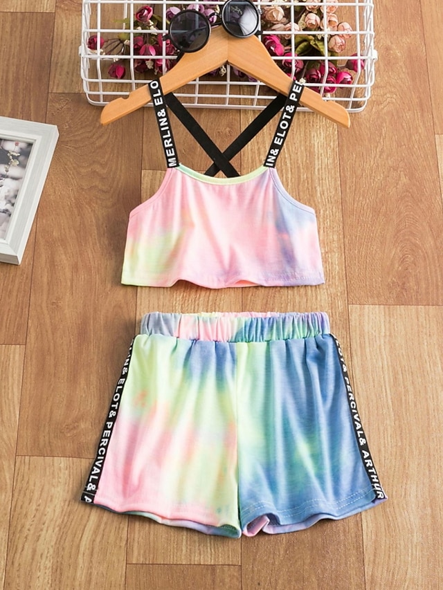 Baby & Kids Girls Clothing | Kids Girls Tank & Shorts Clothing Set 2 Pieces Sleeveless Pink Tie Dye Indoor Outdoor Cute Sweet Re