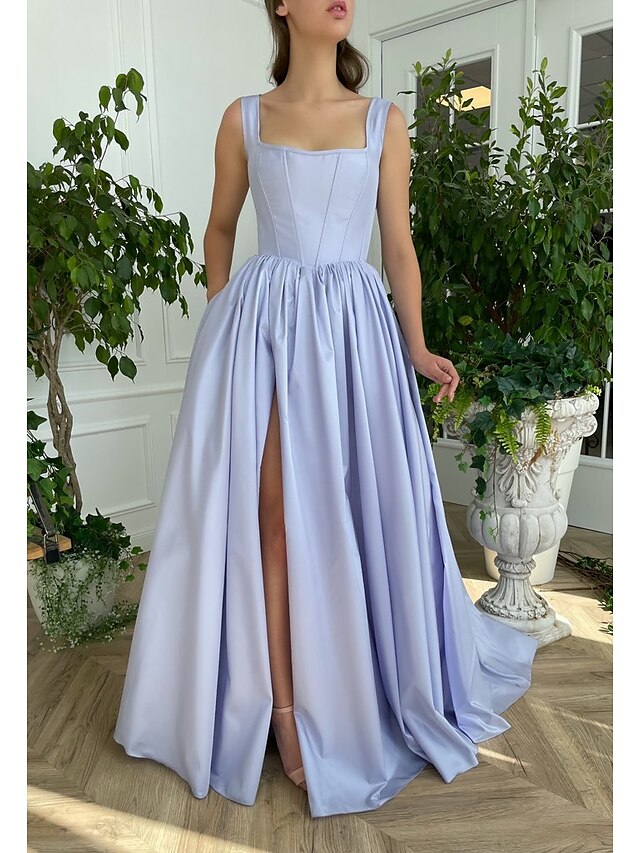 A-Line Minimalist Elegant High Split Engagement Prom Dress Square Neck ...