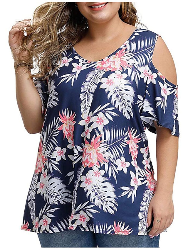 Womens Clothing Plus Size Collection | Womens Plus Size Tops T shirt Tee Floral Tie Dye Cut Out Print Short Sleeve One Shoulder 