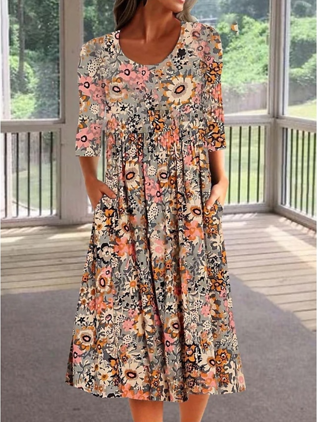  Women's A Line Dress Casual Dress Knee Length Dress Orange Short Sleeve Floral Ruched Print Spring Summer Crew Neck Casual Vacation 2022 S M L XL XXL 3XL