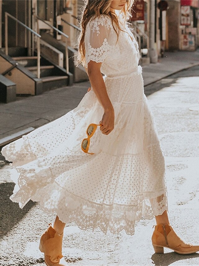 Women's Maxi long Dress White Dress Lace Dress Holiday Dress Swing Dress Elegant Romantic Boho Vacation Holiday Date Regular Fit Pure Color Short Sleeve V Neck White Summer Spring 8