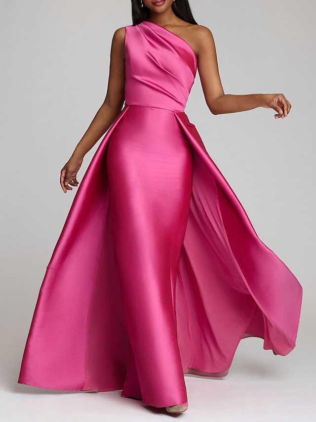  Sheath / Column Evening Dresses Luxurious Dress Wedding Guest Floor Length Sleeveless One Shoulder Satin with Overskirt Pure Color 2022 / Cocktail Party