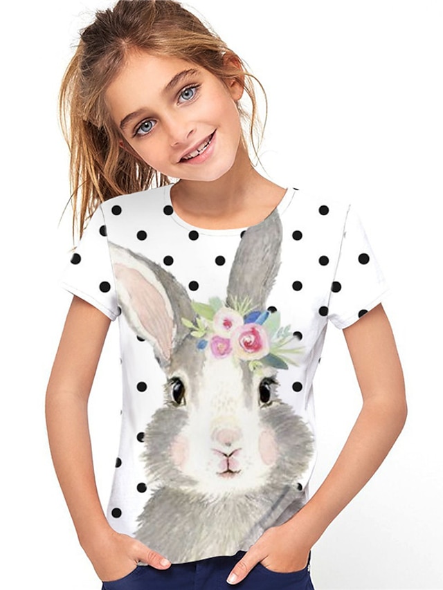  子供 女の子 Tシャツ 動物 アウトドア 3Dプリント 半袖 活発的 3〜12年 春 グレー ホワイト