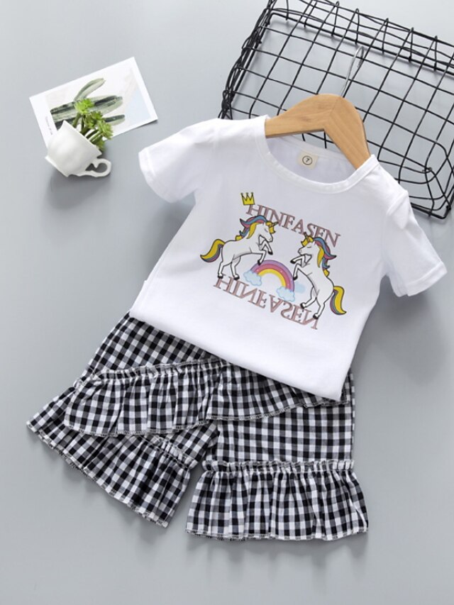 Baby & Kids Girls Clothing | Kids Girls T-shirt & Shorts Clothing Set 2 Pieces Short Sleeve White Pink Plaid Unicorn Letter Ruch