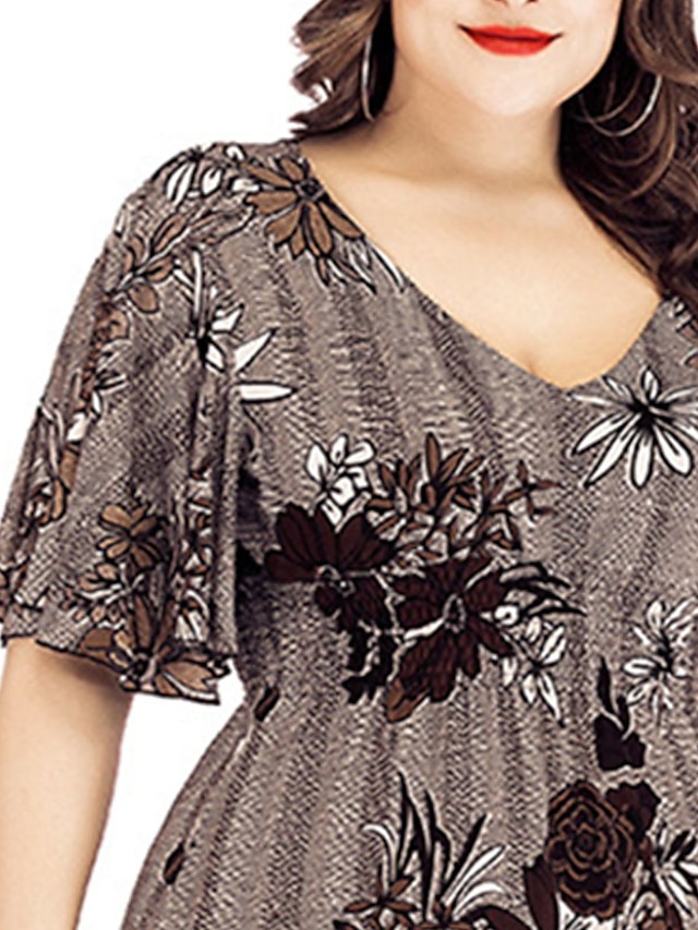 Womens Clothing Plus Size Collection | Womens Plus Size A Line Dress Floral V Neck Ruched Short Sleeve Spring Summer Work Casual