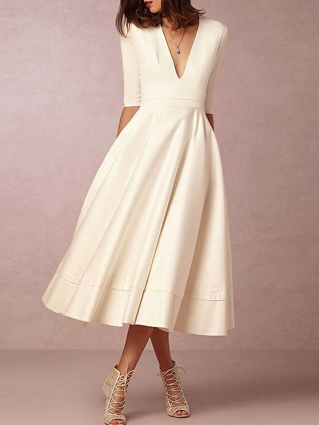  A-Line Wedding Dresses V Neck Tea Length Satin Half Sleeve Simple Casual Vintage Little White Dress 1950s with 2022