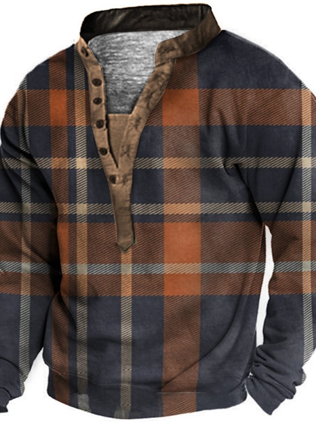  Men's Sweatshirt Pullover Designer Basic Casual Graphic Tartan Print Plus Size Henley Collar Sports & Outdoor Casual Daily Long Sleeve Clothing Clothes Regular Fit Brown