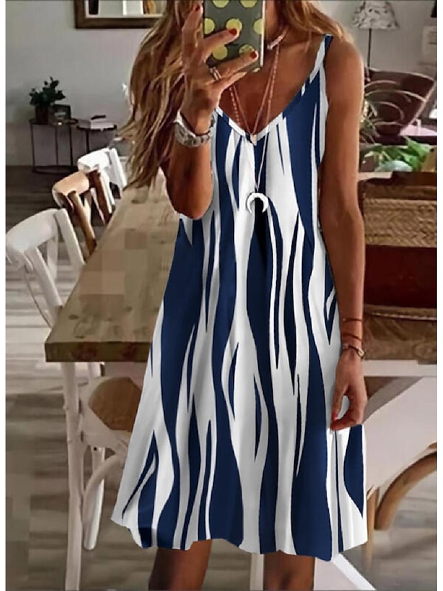  Women's Strap Dress Knee Length Dress Blue Sleeveless Striped Color Block Abstract Print Spring Summer V Neck Stylish Casual Romantic 2022 S M L XL XXL 3XL / 3D Print