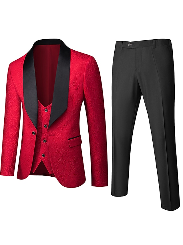  Red/Black/White/Pink Men's Wedding Party  Tuxedos 3 Piece Banquet Jacquard Embossing Design Shawl Collar Tailored Fit Single Breasted One-button 2024