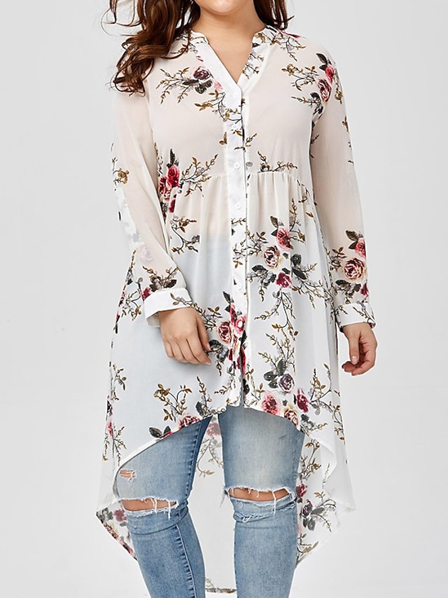 Womens Clothing Plus Size Collection | Womens Plus Size Tops Blouse Floral Print Long Sleeve V Neck Streetwear Festival Daily Sp