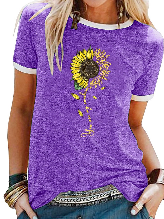 Womens Clothing Womens Tops | Womens Daily Weekend T shirt Tee Graphic Sunflower Letter Short Sleeve Patchwork Print Round Neck 