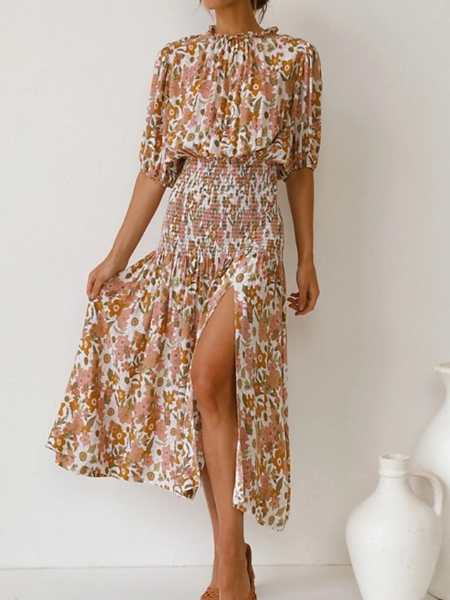 Womens Clothing Womens Dresses | Womens A Line Dress Midi Dress Beige Half Sleeve Floral Split Print Spring Summer Round Neck Ca