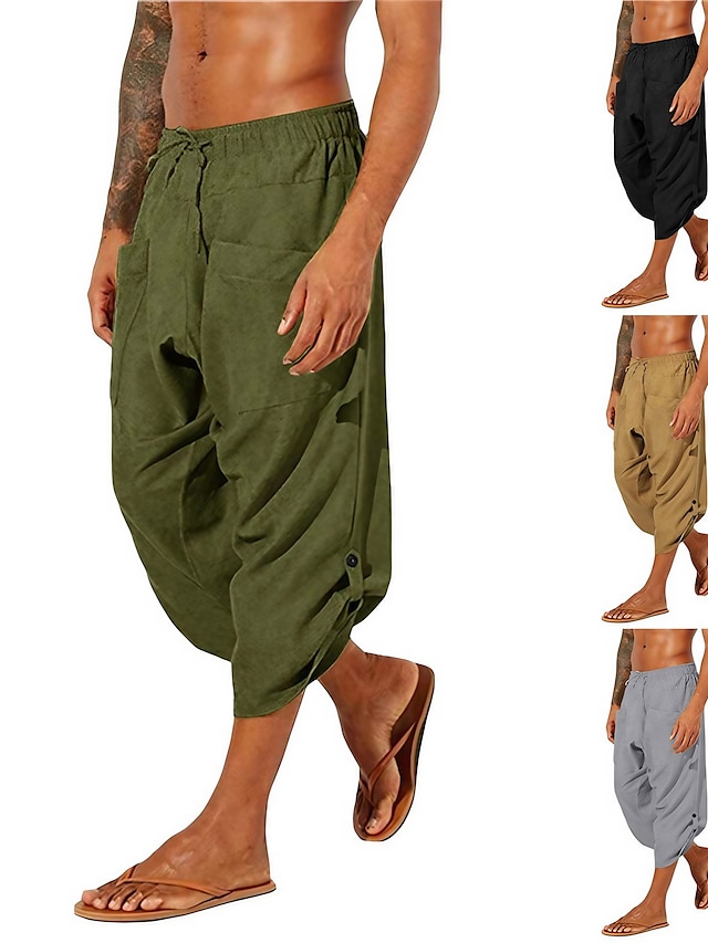  Men's Linen Pants Bloomers Baggy Elastic Drawstring Design Front Pocket Fashion Hip-Hop Streetwear Casual Daily Comfort Soft Solid Color Mid Waist Green Black Gray S M L