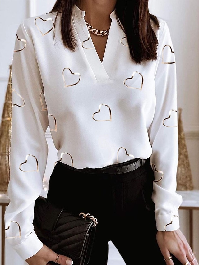  Women's Shirt Blouse Silver Black White Floral Heart Long Sleeve Office Work Streetwear Work V Neck Regular S