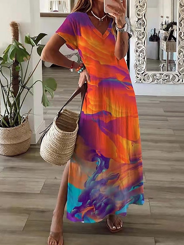 Womens Clothing Womens Dresses | Womens Shift Dress Maxi long Dress Blue White Orange Light Blue Short Sleeve Print Print Summer