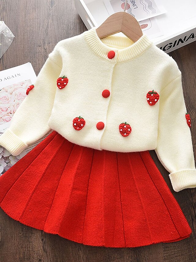 Baby & Kids Girls Clothing | Kids Toddler Girls Clothing Set 2 Pieces Long Sleeve Red Strawberry Fruit Pleated Cute Sweet Regula